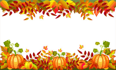 Autumn frame with pumpkin, colorful leaves for design greeting card, poster, invitation, Thanksgiving, Harvest day decoration. Holiday fall foliage frame for text. Editable vector illustration, EPS10.