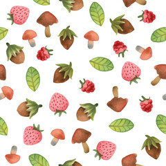 Seamless pattern with leaf, hazelnut and mushroom on white background