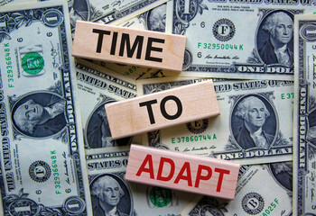 Concept text 'time to adapt' on wooden blocks on a beautiful background from dollar bills. Business concept.