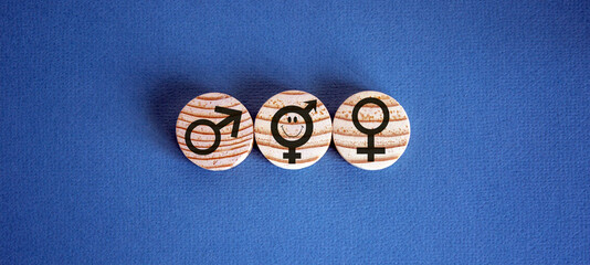 Gender equality conceptual image. Male and female symbol on wooden circles on beautiful blue background. Copy space.