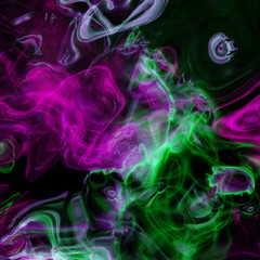 Abstract smoke swirls in bright neon pink and green on black background
