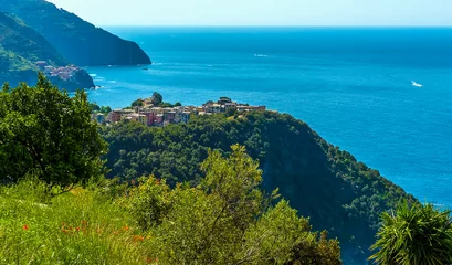 Fotobehang A view from the coastal path towards the Cinque Terre village of Corniglia in the summertime © Nicola
