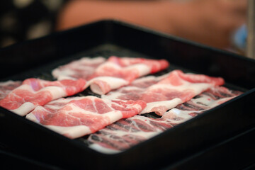 Close up tray of sliced Wagyu beef prepared for Shabu Shabu