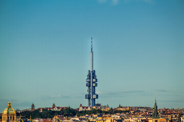 city view on Žižkov TV tower in Prague