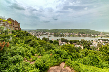 Fototapeta na wymiar View of Narsinghgarh lake / town, view from Narsinghgarh Fort, Madhya Pradesh, India.