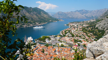 View of buildings with red tile roofs on the background of the bay Beautiful top view