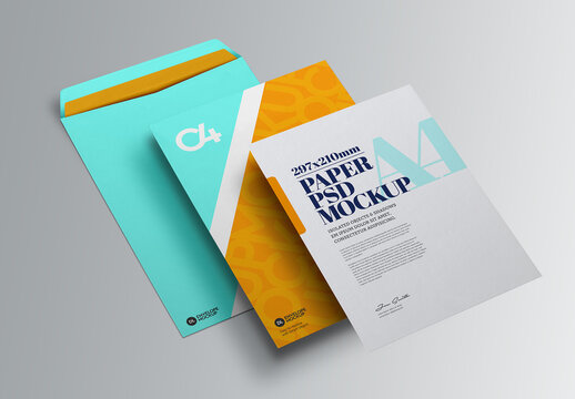 Perspective C4 Envelopes and A4 Paper Mockups