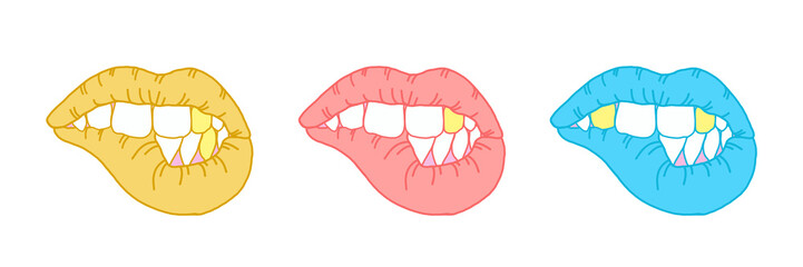 Bright colored sexy lips and teeth on an isolated white background. Beautiful Vecton set for design and print on fabric, stickers, greeting card. Kiss day, oral care and hygiene concept. Golden teeth