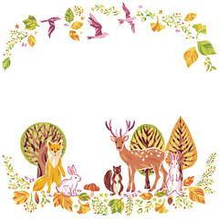 秋の紅葉や動物　フレーム