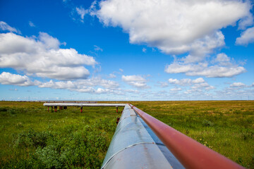 Gas pipelines,  pipes for gas and oil transportation, against the backdrop tundra