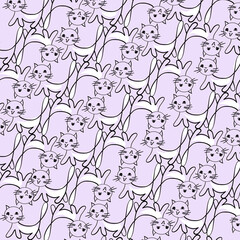 pattern from one line drawing silhouettes of walking kittens on light purple background 