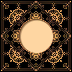 Round card template with golden ornament.