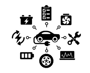 E-car, car repair shop service reparation vector illustration, icons, icon set, black and white, accumulator, spanner,  automobile, battery, gear, ventilation, pictogram.