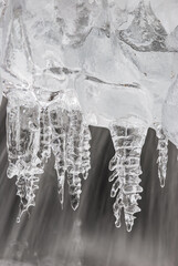 Ice formations with water flowing