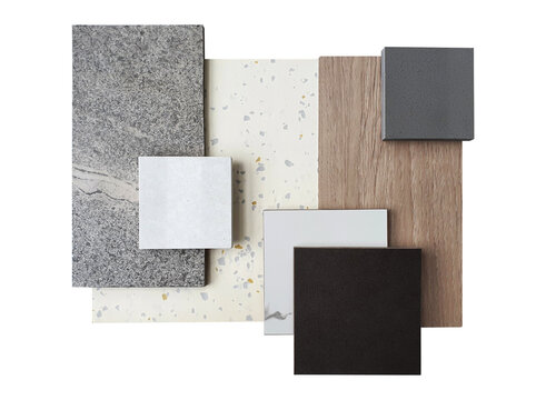 top view of matching interior material  contains white terrazzo ,grey stone tile ,square marbles ,square synthesis stones and wooden veneer samples isolated on white background with clipping path.