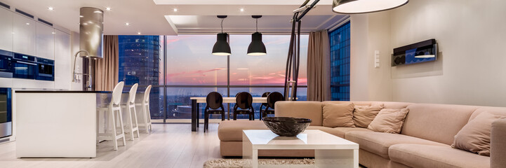 Luxury decorated apartment during sunset, panorama