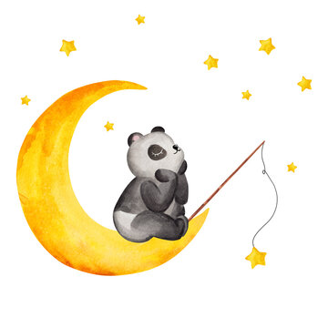 Little panda bear sitting on the moon. Hand drawn watercolor panda illustration