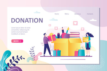 Young volunteers packing donation box. Concept of social assistance, charity, care for homeless and support. Landing page template, homepage
