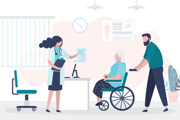 Medical consultation, woman doctor gives prescription to grandmother on wheelchair. Clinic room interior with furniture. Sick elderly person.
