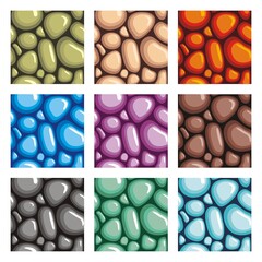 collection of stones texture seamless pattern in diverse colour,
 in cartoon vector style