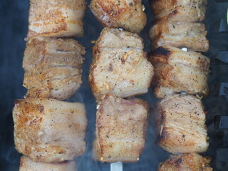 delicious pork skewers are fried on skewers on coals