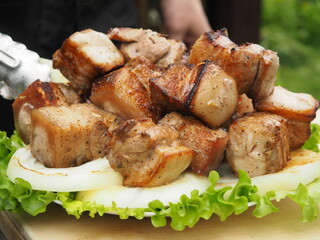 pork skewer with brisket on lettuce leaves and toasted onions. grilled dishes.