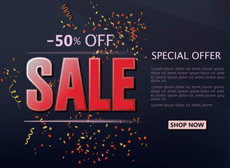 Sale shop background with golden confetti, sale poster. Vector