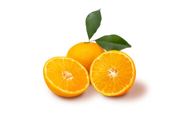 Orange fruit and ripe half of orange fruit on white background