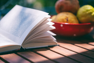 Book on the table and page close-up with fruit plate. Summer Reading Concept