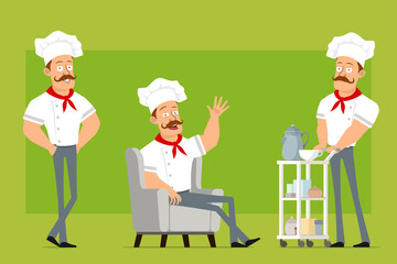 Cartoon flat strong chef cook man character in white uniform and baker hat. Boy resting on sofa and walking with coffee hotel table. Ready for animation. Isolated on olive background. Vector icon set.