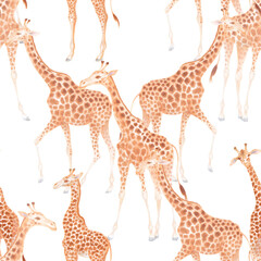 Watercolo cute realistic illustration of giraffes seamless pattern