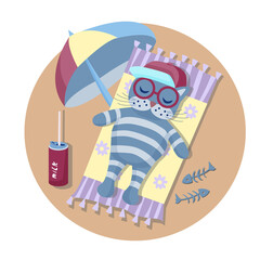 Funny cartoon character. A striped cat lies on the beach wearing sunglasses, under an umbrella and sunbathing. It's summer season. Vector illustration