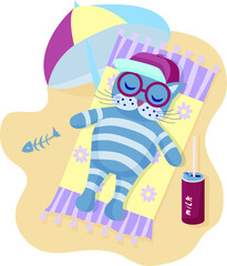 Funny cartoon character. A striped cat lies on the beach wearing sunglasses, under an umbrella and sunbathing. It's summer season. Vector illustration