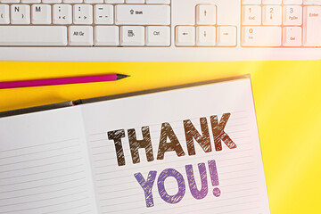 Word writing text Thank You. Business photo showcasing polite expression to acknowledge a gift,...