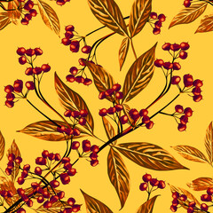 Leaves and berries, watercolor art, seamless pattern.