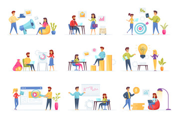 Marketing strategy bundle with people characters. Marketing department teamwork, research and presentation in office situations. Social media and digital content marketing flat vector illustration.