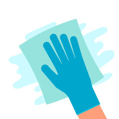 Clean napkin in hand with gloves. Cleaning surface rag. Wipe with cloth. Antibacterial disinfection, hygiene. Work at home. Vector illustration