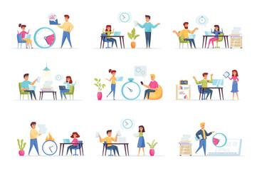 Fototapeta premium Deadline scenes bundle with people characters. Tired employees hurrying up on project deadline, stressful situation and overtime work. Time management and work effectivity flat vector illustration.