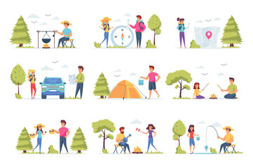 Fototapeta premium Camping scenes bundle with people characters. Mushroom hunting, traveling with camping tent, play guitar and sausage roasting on campfire, fishing situations. Summer camping flat vector illustration.