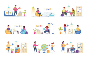 Fototapeta premium Education scenes bundle with people characters. Distance learning and self education, students study at home, read book in library situations. Online education platform flat vector illustration.