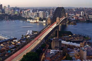 Naklejka premium aerial view of Sydney harbor bridge at dusk, Australia 