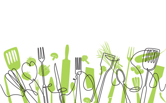 Cooking Pattern. Background with Utensils and Vegetables for your design works. Vector illustration.