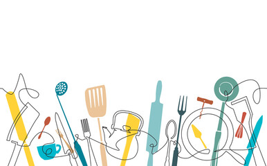 Cooking Pattern. Background for your design works. One Line Drawing of Isolated Kitchen Utensils. Backdrop with cutlery. Vector illustration.