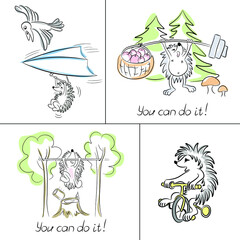 Do not be afraid of anything! Cute hedgehog flies on a paper plane. Printing on t-shirts, sweatshirts, designer cards. motivational text. Vector.