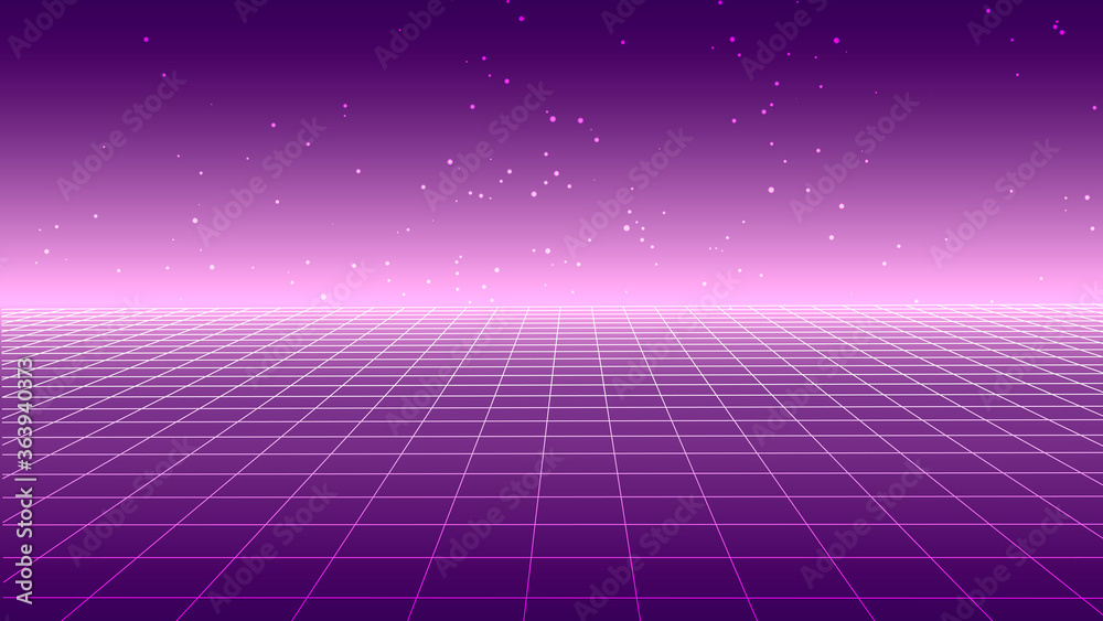 Poster synthwave background. retro futuristic backdrop with perspective grid and stars. pink glow in distan