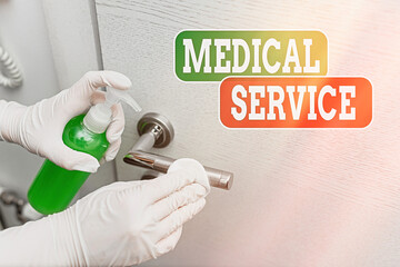 Conceptual hand writing showing Medical Service. Concept meaning care and treatment provided by a licensed medical provider Contaminated electronic gadgets controlled by disinfectant