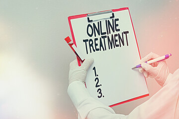Word writing text Online Treatment. Business photo showcasing providing mental health services over the internet Laboratory blood test sample shown for medical diagnostic analysis result