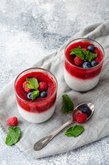 Healthy chia pudding with with raspberry and of 
coconut milk in a glass