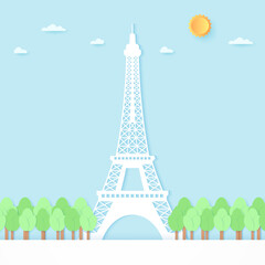 Fototapeta na wymiar Eiffel tower surrounded by trees, blue sky and sun, paper art style