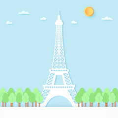 Eiffel tower surrounded by trees, blue sky and sun, paper art style